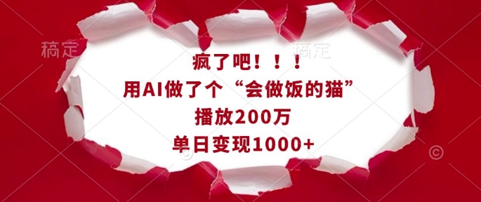 疯了吧！用AI做了个“会做饭的猫”，播放200万，单日变现1k-老吴出海笔记