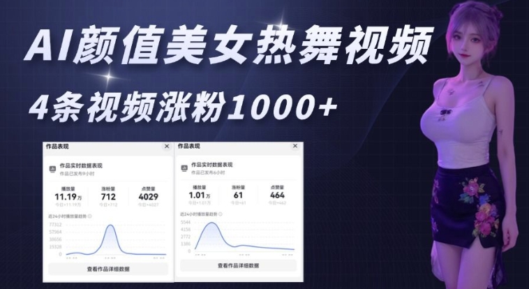 AI颜值美女热舞视频,4条视频涨粉1000+,实测6分钟一条-老吴出海笔记