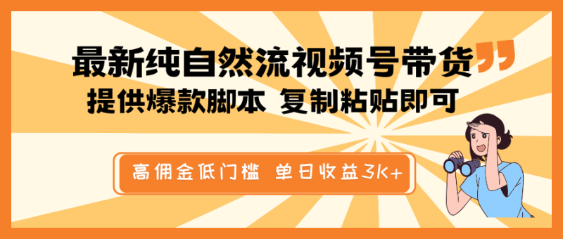 最新纯自然流视频号带货,提供爆款脚本简单 复制粘贴即可,高佣金低门槛,单日收益3K+-老吴出海笔记
