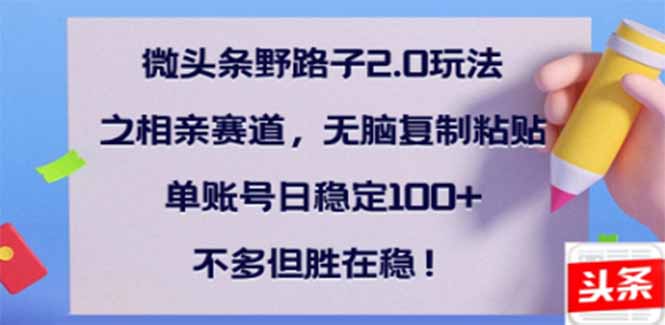 微头条野路子2.0玩法之相亲赛道，无脑搬砖复制粘贴，单账号日稳定300+...-老吴出海笔记