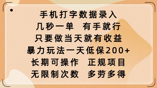 手机打字数据录入,几秒一单,有手就行,只要做当天就有收益,暴力玩法一天低保2张-老吴出海笔记