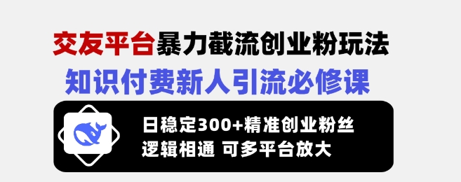 交友平台暴力截流创业粉玩法，知识付费新人引流必修课，日稳定300+精准创业粉丝，逻辑相通可多平台放大-老吴出海笔记