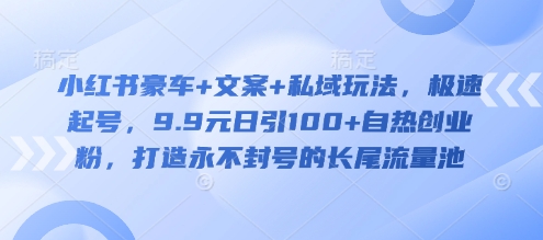 小红书豪车+文案+私域玩法,极速起号,9.9元日引100+自热创业粉,打造永不封号的长尾流量池-老吴出海笔记