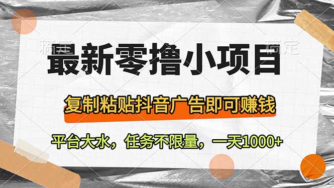 最新零撸小项目，复制粘贴抖音广告即可赚钱，平台大水，任务不限量，一...-老吴出海笔记