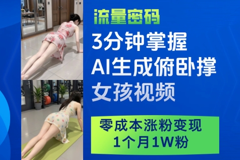 3分钟掌握AI生成俯卧撑女孩视频，零成本涨粉变现，1个月1W粉-老吴出海笔记