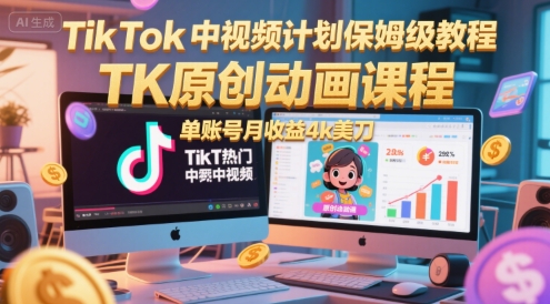 TikTok中视频计划保姆级教程,TK原创动画课程,单账号月收益4k美刀-老吴出海笔记