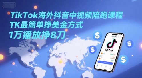 TikTok海外抖音中视频陪跑课程,TK最简单挣美金方式,1万播放挣8刀-老吴出海笔记