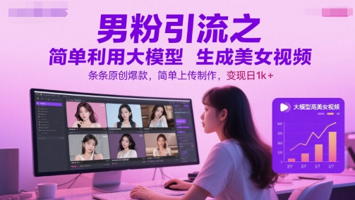 男粉引流之简单利用大模型生成美女视频，条条原创爆款，简单上传制作，变现日1k+-老吴出海笔记