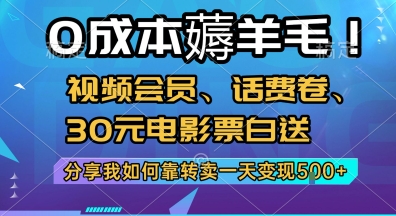 0成本薅羊毛!视频会员、话费卷、30元电影票白送，分享我如何靠转卖一天变现5张+【揭秘】-老吴出海笔记