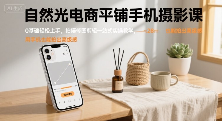 自然光电商平铺手机摄影课，0基础轻松上手，拍摄修图剪辑一站式实操教学，用手机也能拍出高级感-老吴出海笔记