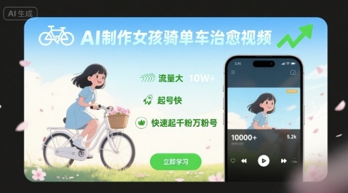 AI制作女孩骑单车治愈视频，流量大，起号快，快速起千粉万粉号-老吴出海笔记