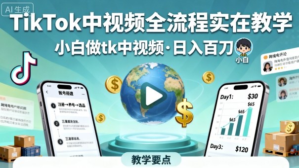 TikTok中视频全流程实操教学，小白做tk中视频，日入百刀-老吴出海笔记