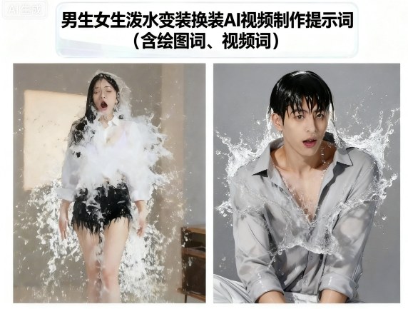 男生女生泼水变装换装AI视频制作提示词(含绘图词、视频词)-老吴出海笔记