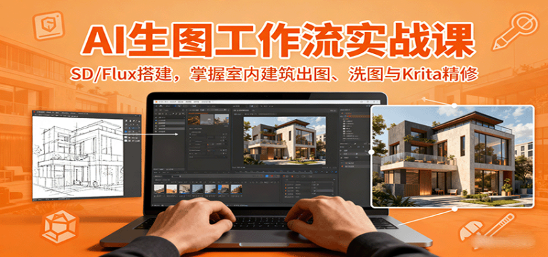AI生图工作流实战课：SD/Flux搭建，掌握室内建筑出图、洗图与Krita精修-老吴出海笔记