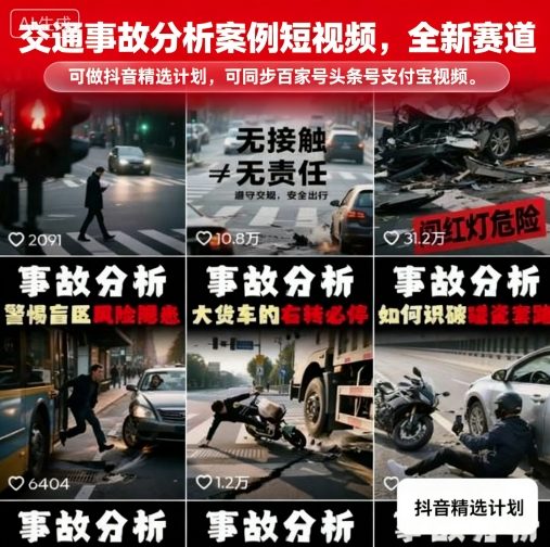 交通事故分析案例短视频,全新赛道,可做抖音精选计划,可同步百家号头条号支付宝视频号平台-老吴出海笔记