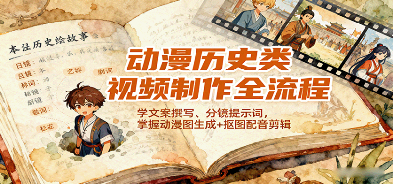 动漫历史类视频制作全流程，学文案撰写、分镜提示词，掌握动漫图生成+抠图配音剪辑-老吴出海笔记