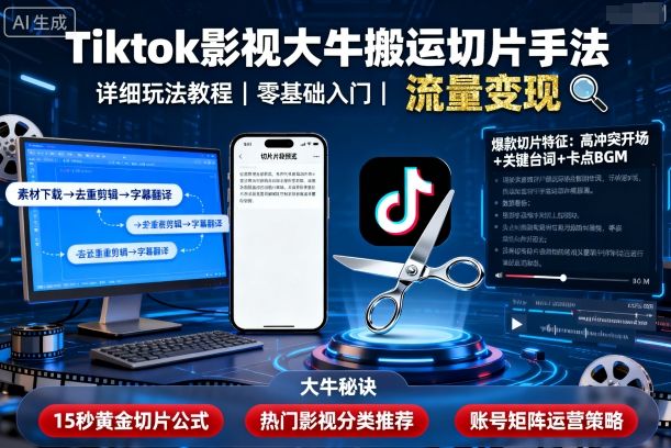 Tiktok影视大牛搬运切片手法,详细玩法教程-老吴出海笔记