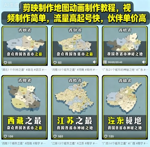 剪映制作地图动画制作教程，视频制作简单，流量高起号快，伙伴单价高-老吴出海笔记