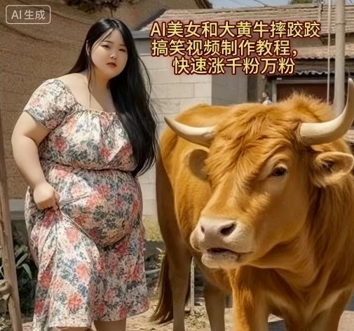 AI美女和大黄牛摔跤搞笑荒诞视频制作教程,快速涨千粉万粉-老吴出海笔记