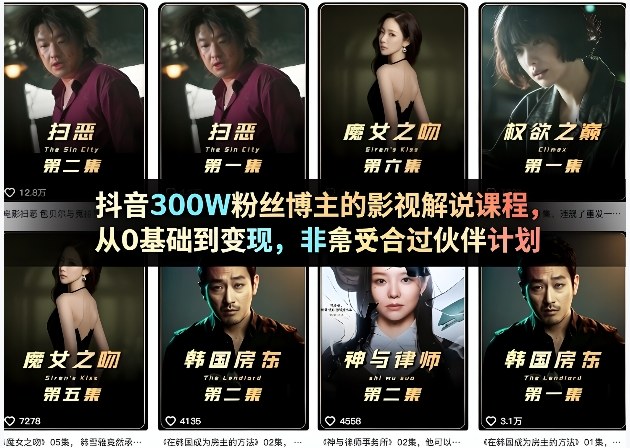 抖音300W粉丝博主的影视解说课程,从0基础到变现,非常适合过伙伴计划-老吴出海笔记