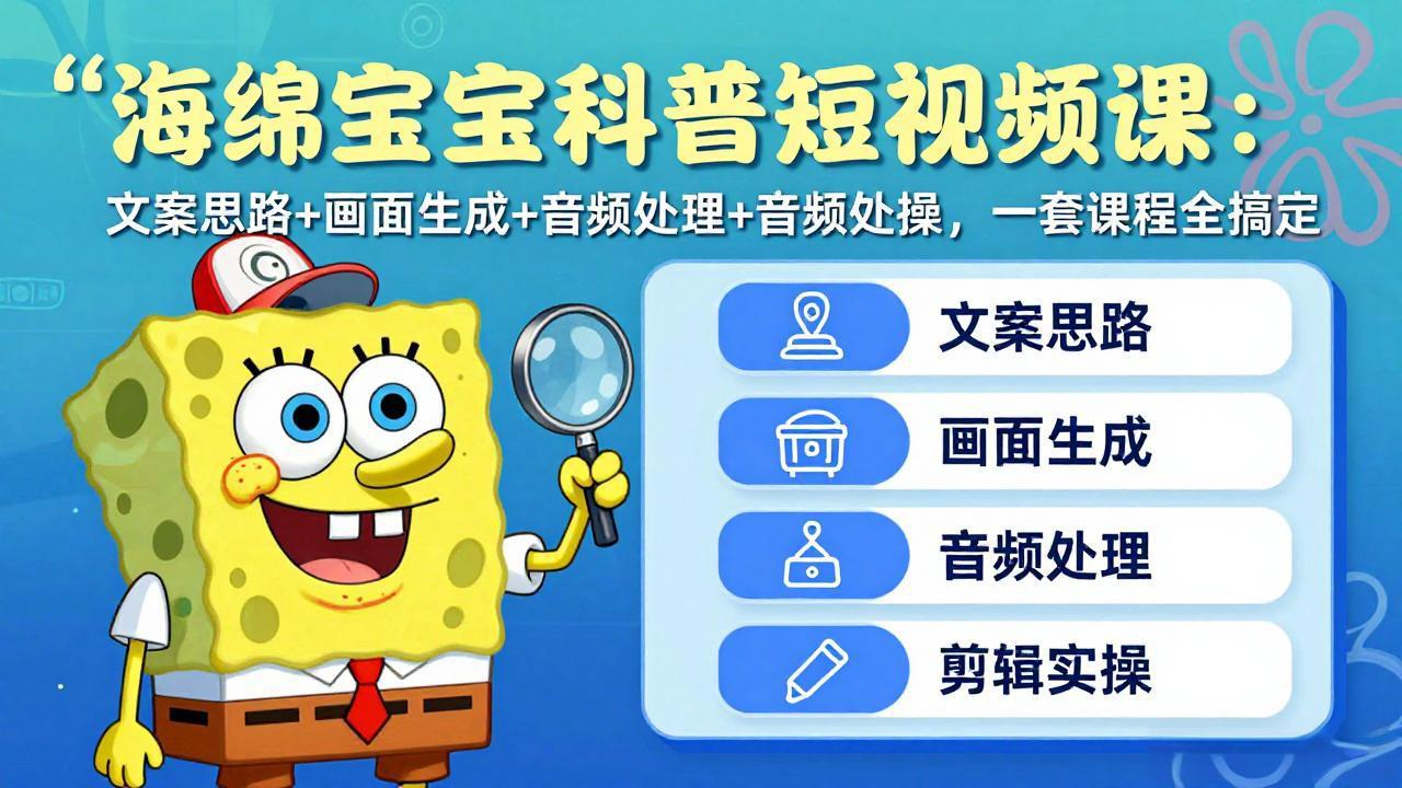 海绵宝宝科普短视频课:文案思路+画面生成+音频处理+剪辑实操,一套课程全搞定-老吴出海笔记