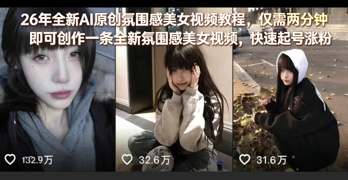 26年全新AI原创氛围感美女视频教程，仅需两分钟即可创作一条全新氛围感美女视频，快速起号涨粉-老吴出海笔记