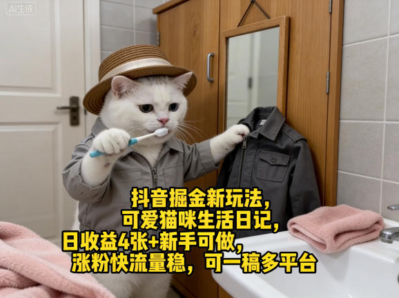 抖音掘金新玩法,可爱猫咪生活日记,日收益4张+新手可做,涨粉快流量稳,可一稿多平台-老吴出海笔记