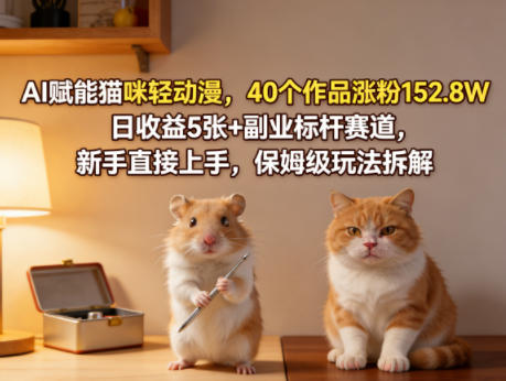 AI赋能猫咪轻动漫，40个作品涨粉152.8W，日收益5张+副业标杆赛道，新手直接上手，保姆级玩法拆解-老吴出海笔记