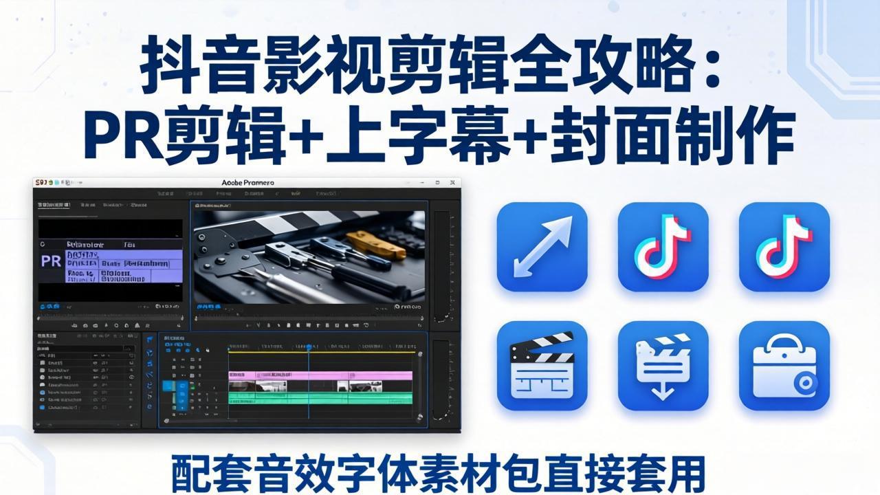 抖音影视剪辑全攻略:PR剪辑+上字幕+封面制作,配套音效字体素材包直接套用-老吴出海笔记