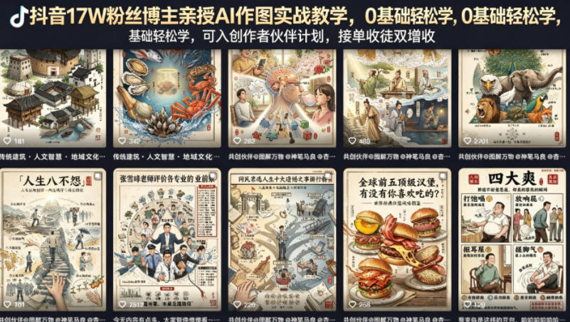抖音17W粉丝博主亲授AI作图实战教学,0基础轻松学,可入创作者伙伴计划,接单收徒双增收-老吴出海笔记