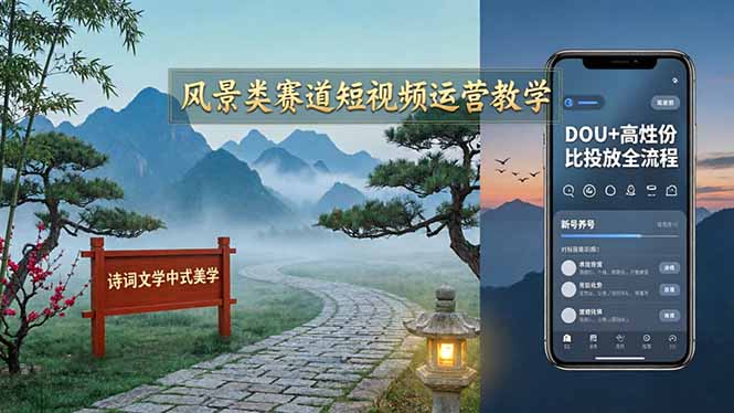 风景类赛道短视频运营教学：诗词文学中式美学，新号养号对标账号定位，DOU+高性价比投放全流程-老吴出海笔记
