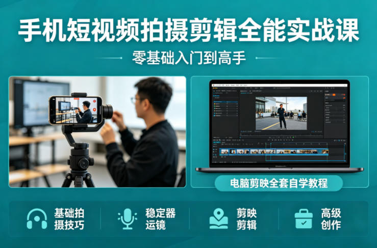手机短视频拍摄剪辑全能实战课:零基础入门到高手,稳定器运镜+电脑剪映全套自学教程-老吴出海笔记