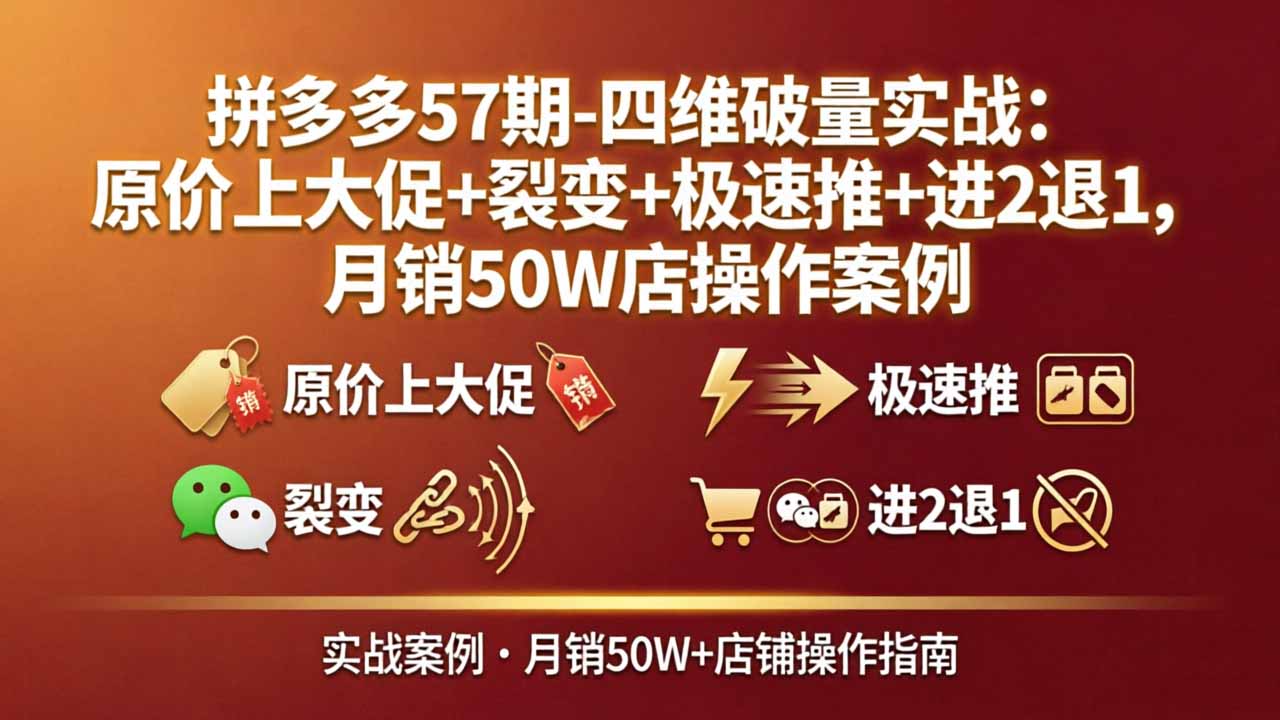 拼多多57期-四维破量实战：原价上大促+裂变+极速推+进2退1，月销50W店操作案例-老吴出海笔记