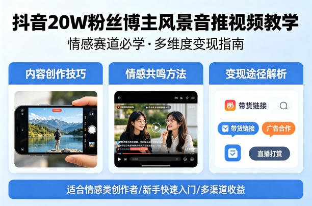 抖音20W粉丝博主风景音推视频教学，情感赛道必学，各种变现途径-老吴出海笔记