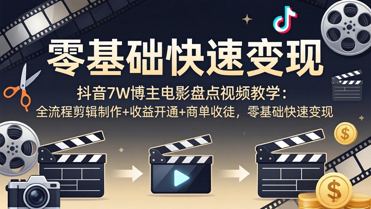 抖音7W博主电影盘点视频教学:全流程剪辑制作+收益开通+商单收徒,零基础快速变现-老吴出海笔记