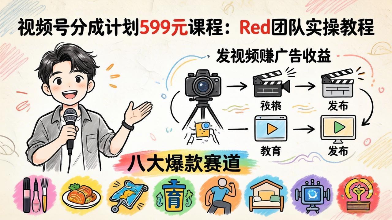 视频号分成计划599元课程：Red团队实操教程，发视频赚广告收益，八大爆款赛道全掌握-老吴出海笔记