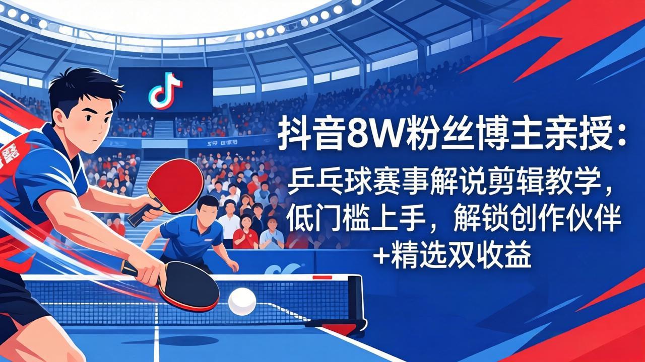 抖音8W粉丝博主亲授:乒乓球赛事解说剪辑教学,低门槛上手,解锁创作伙伴+精选双收益-老吴出海笔记
