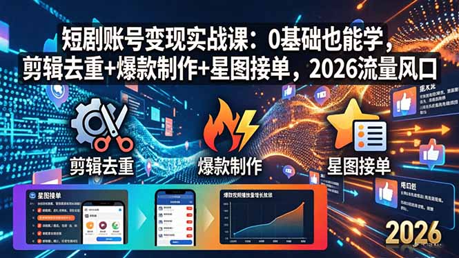 短剧账号变现实战课:0基础也能学,剪辑去重+爆款制作+星图接单,2026流量风口-老吴出海笔记