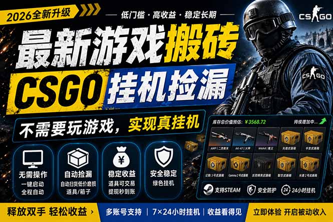 最新游戏搬砖，CSGO纯挂机，不需要玩游戏，实现真挂机，月入1W+，五一小高峰上车可吃肉，…-老吴出海笔记
