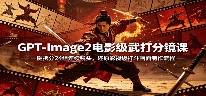 GPT-Image2电影级武打分镜课:一键拆分24组连续镜头,还原影视级打斗画面制作流程-老吴出海笔记