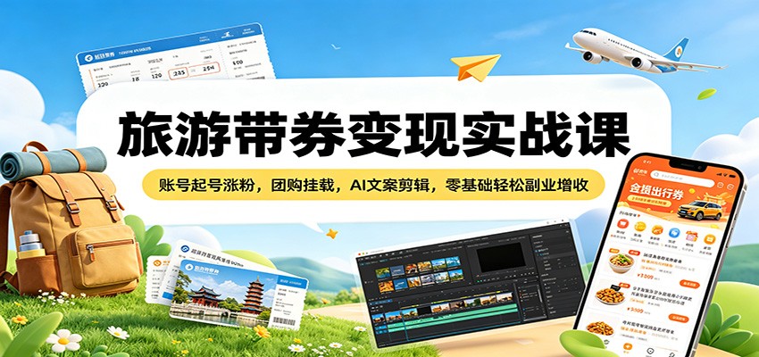 旅游带券变现实战课:账号起号涨粉,团购挂载,AI文案剪辑,零基础轻松副业增收-老吴出海笔记