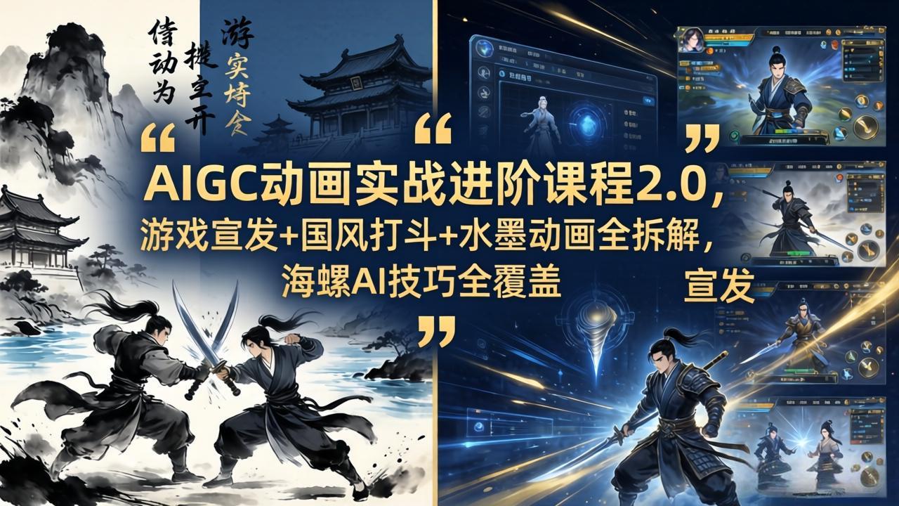 AIGC动画实战进阶课程2.0，游戏宣发+国风打斗+水墨动画全拆解，海螺AI技巧全覆盖-老吴出海笔记
