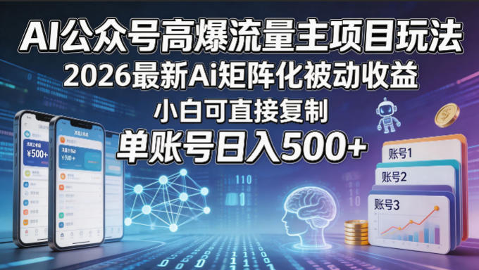 AI公众号高爆流量主项目玩法，2026最新Ai矩阵化被动收益，小白可直接复制，单账号日入500+-老吴出海笔记