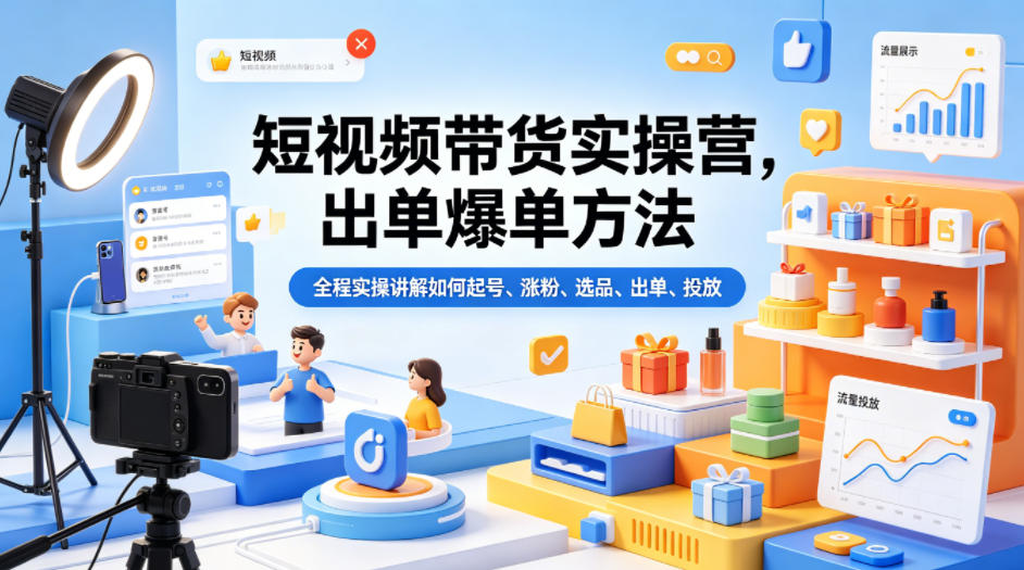 短视频带货实操营，出单爆单方法，全程实操讲解如何起号、涨粉、选品、出单、投放-老吴出海笔记