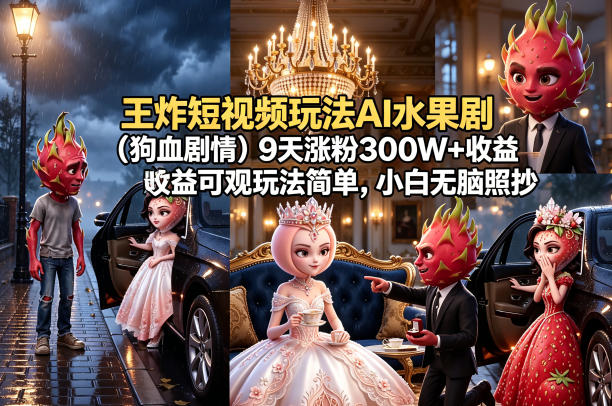 王炸短视频玩法AI水果剧(狗血剧情)9天涨粉300W+收益可观玩法简单，小白无脑照抄，详细拆解玩法-老吴出海笔记