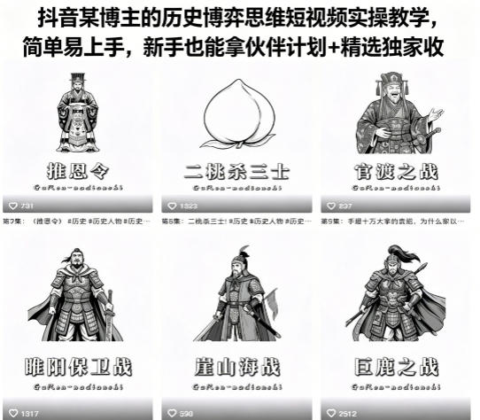 抖音某博主的历史博弈思维短视频实操教学,简单易上手,新手也能拿伙伴计划+精选独家收益-老吴出海笔记