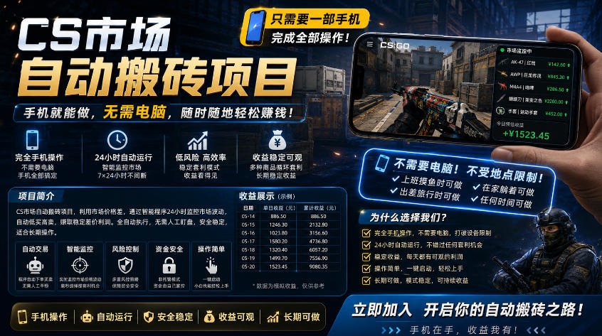 手机即可操作的CS市场自动搬砖系统|自动监控|自动下单|日入300+【揭秘】-老吴出海笔记