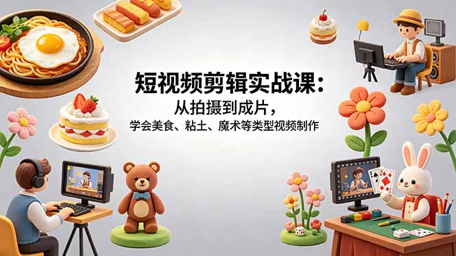 短视频剪辑实战课：从拍摄到成片，学会美食、粘土、魔术等类型视频制作-老吴出海笔记