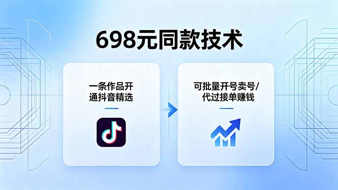 698元同款技术：一条作品开通抖音精选，可批量开号卖号，也可代过接单赚钱-老吴出海笔记