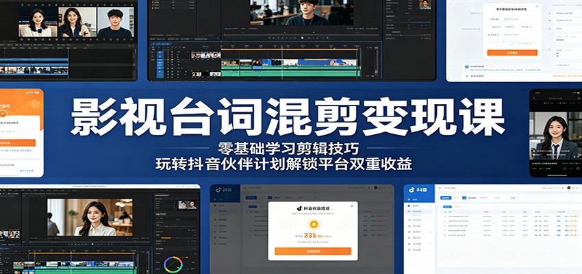 影视台词混剪变现课:零基础学习剪辑技巧,玩转抖音伙伴计划解锁平台双重收益-老吴出海笔记
